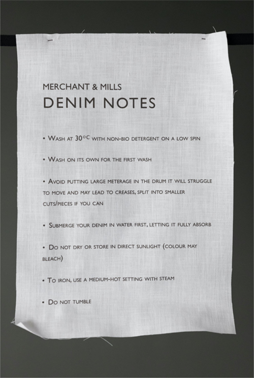 Merchant & Mills block print notes card with fabric care details