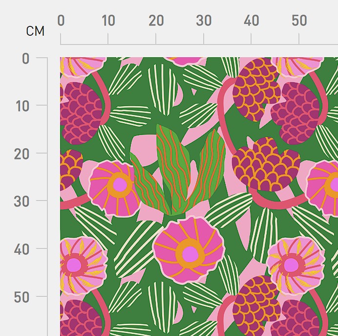 Honeycomb Flower print shown against a centimeter ruler for scale