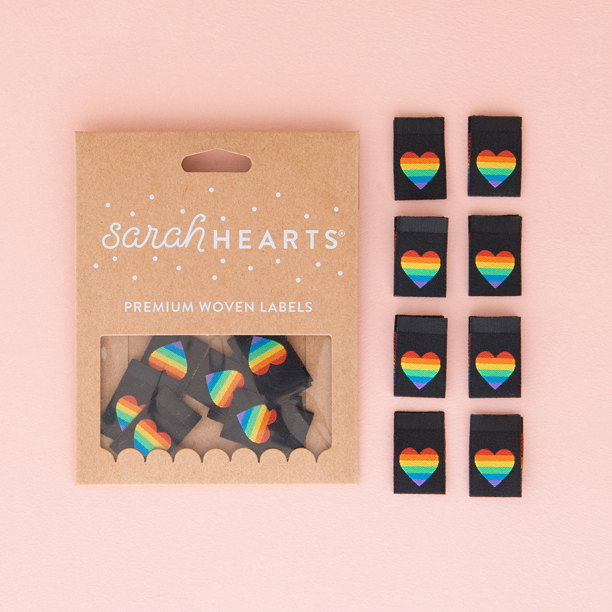 Sarah Hearts Pride rainbow heart woven labels in a kraft pack with loose sew-in clothing labels
