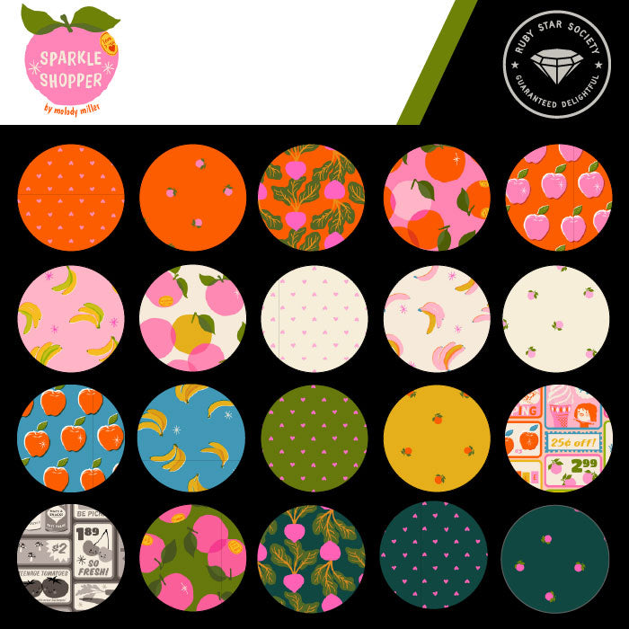 Sparkle Shopper fabric collection card from Ruby Star Society with round swatches of the fruit, banana and radish prints