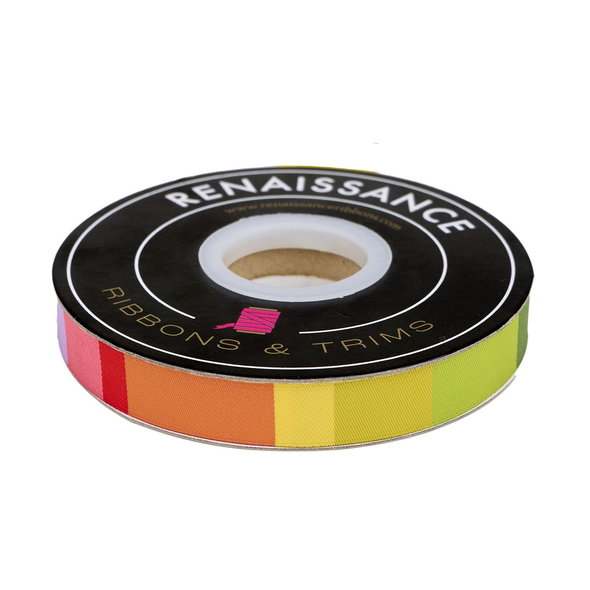 Renaissance Ribbons Band of Color rainbow ribbon on its spool