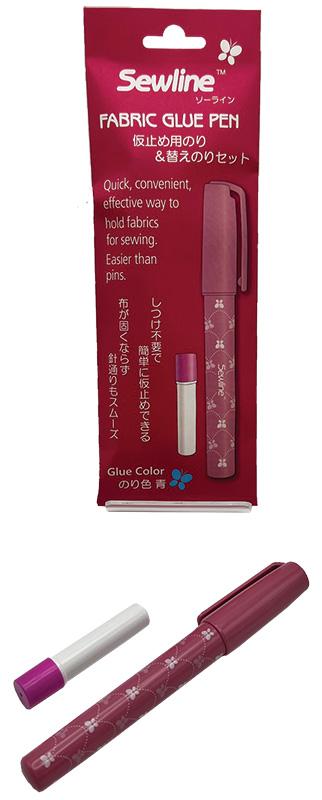 Sewline water soluble fabric glue pen in blue in its package with refills
