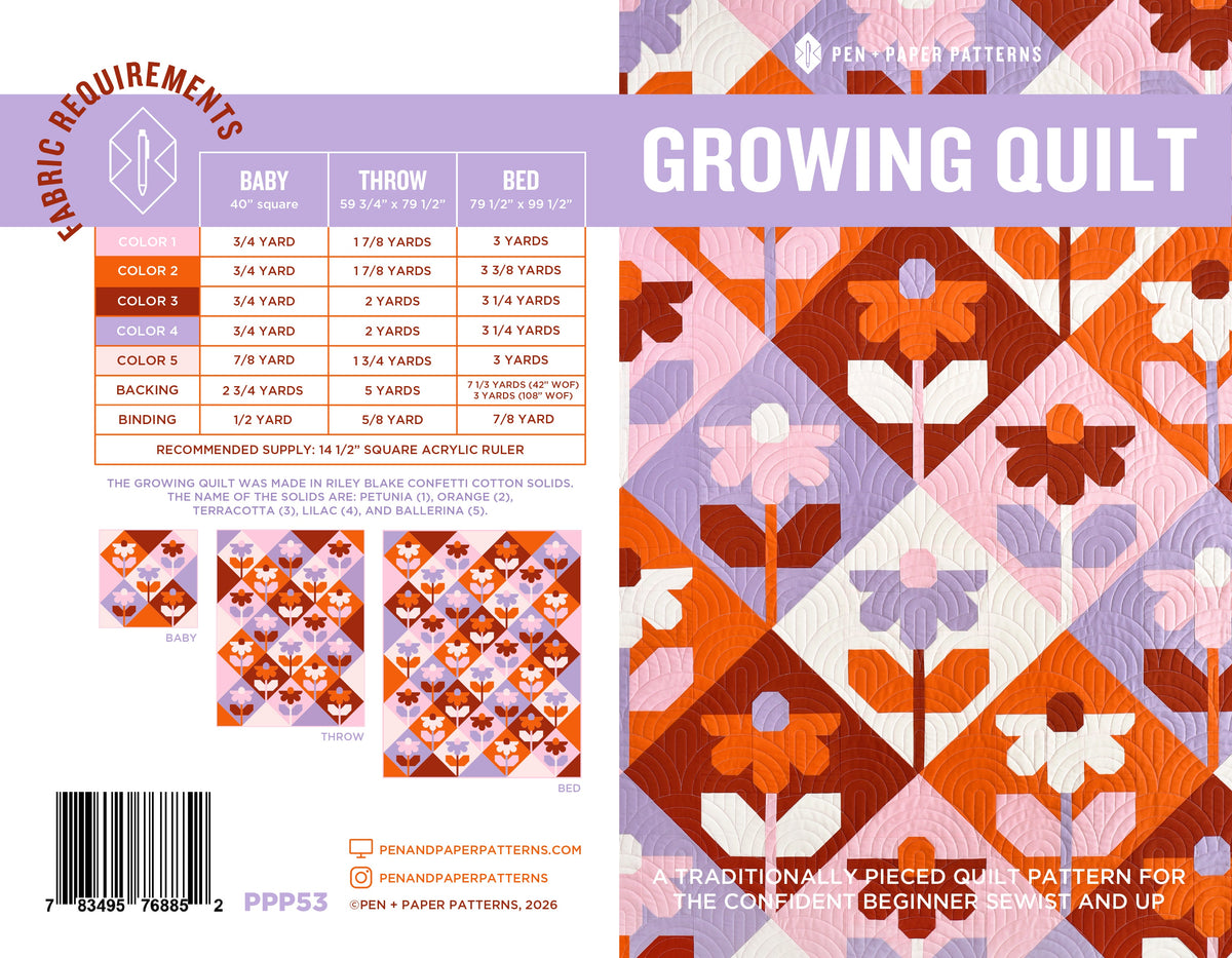 Growing printed quilt pattern by Pen + Paper Patterns, original front cover and fabric requirements