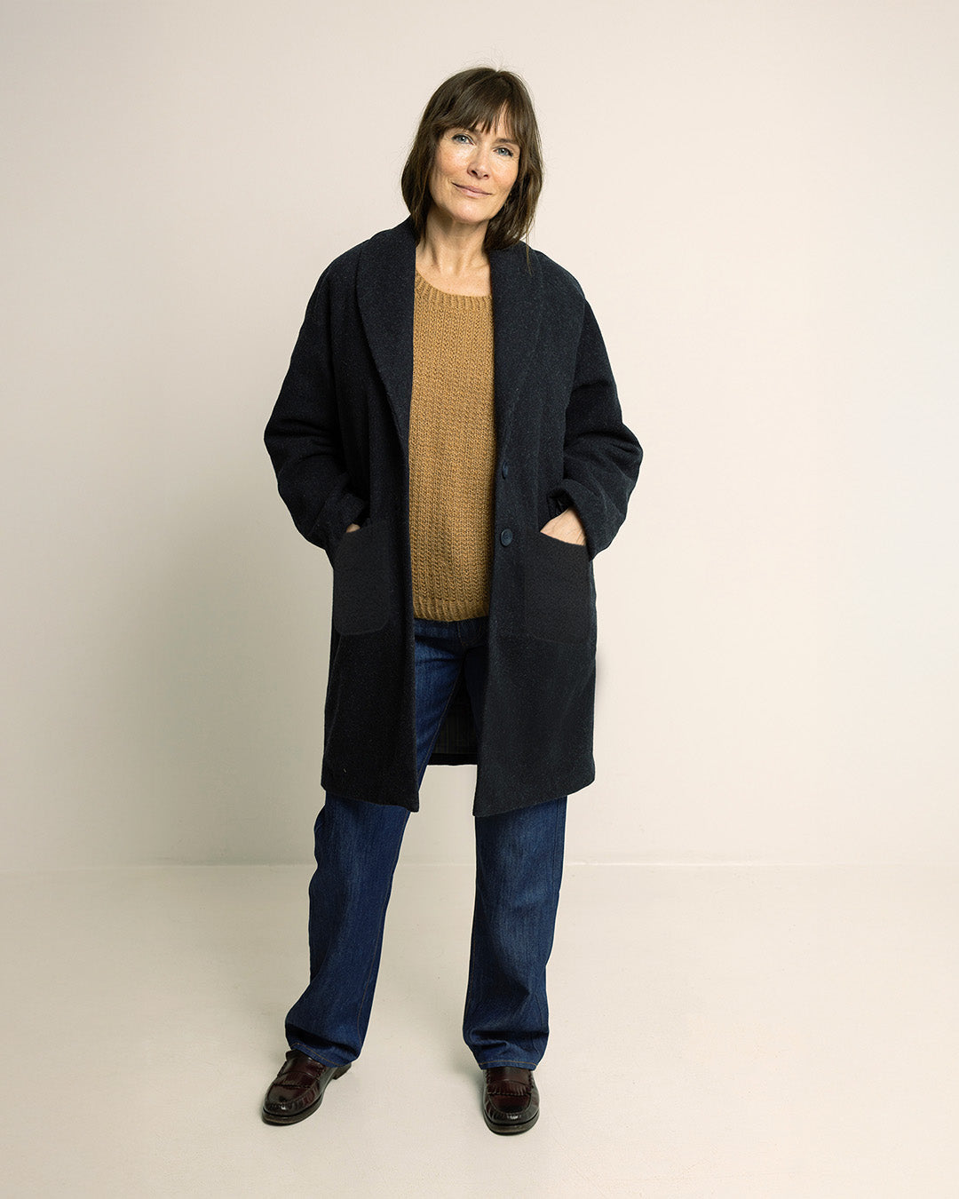 Wardrobe By Me Cocoon Coat PDF sewing pattern, black coat side view