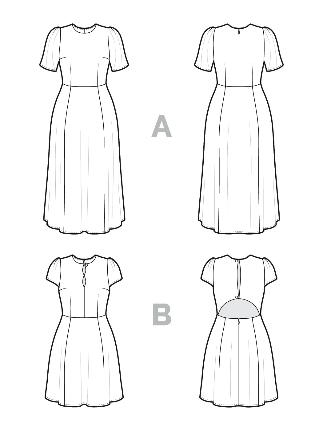 Deer & Doe Eleanor Dress sewing pattern, line drawings of the dress views