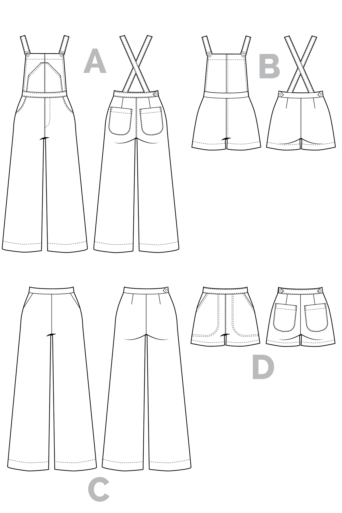 Closet Core Jenny Overalls and trousers PDF sewing pattern line drawings of the overalls, shorts and trouser views