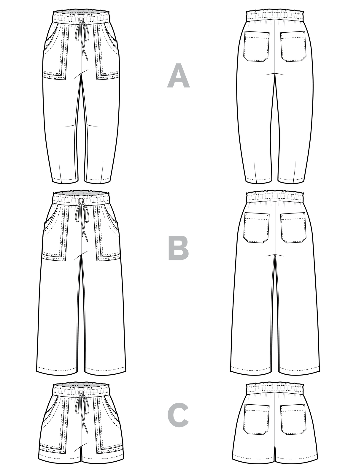 Closet Core Sepia Pants and Shorts PDF sewing pattern line drawings of the pants and shorts views