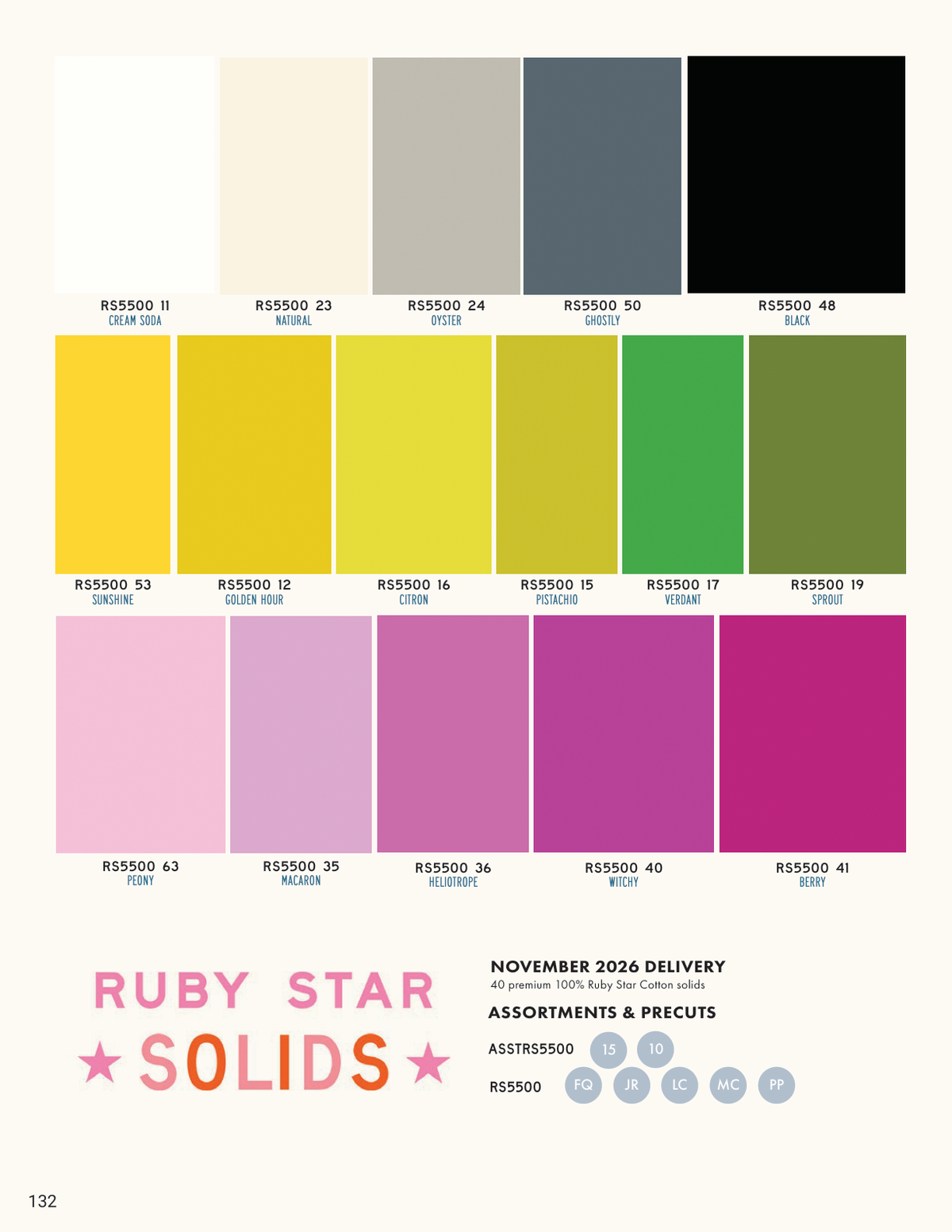 Ruby Star Solids collection color reference — full Moda catalog page 132. Includes RS5500 19; listing is for the named single color, not the assortment.