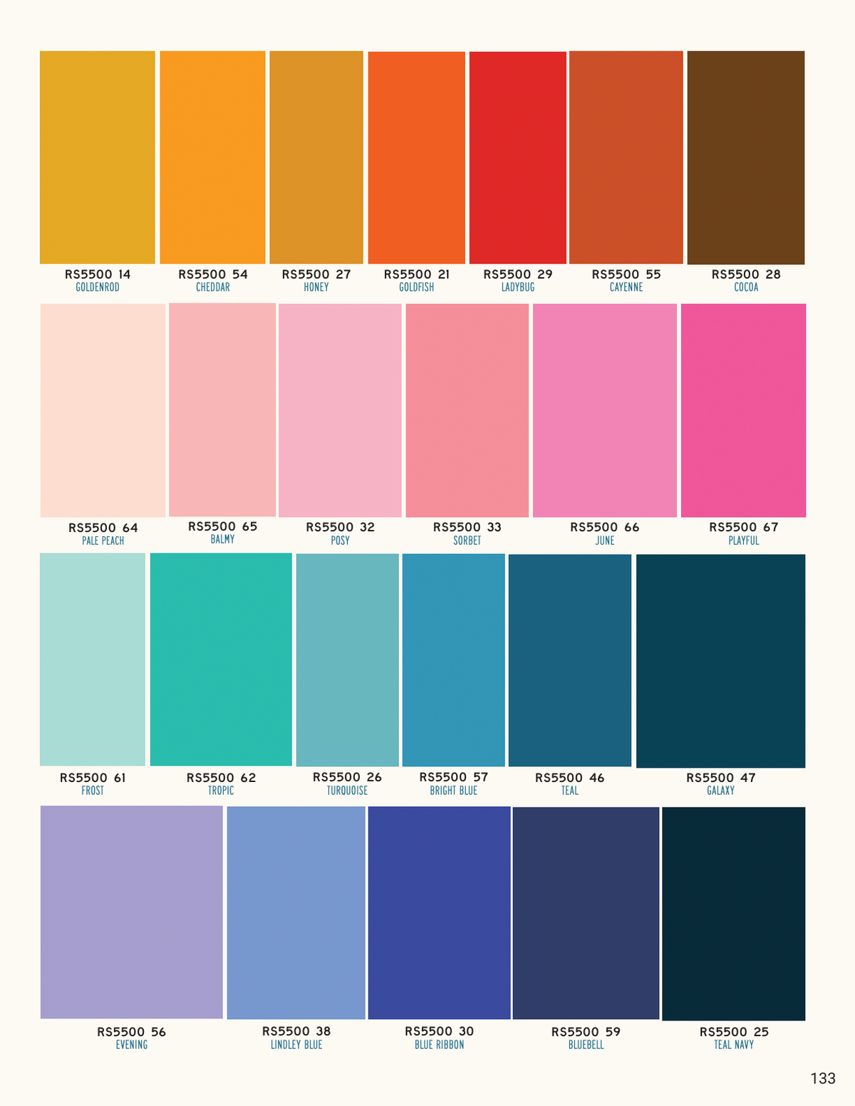 Ruby Star Solids collection color reference — full Moda catalog page 133. Includes RS5500 66; listing is for the named single color, not the assortment.