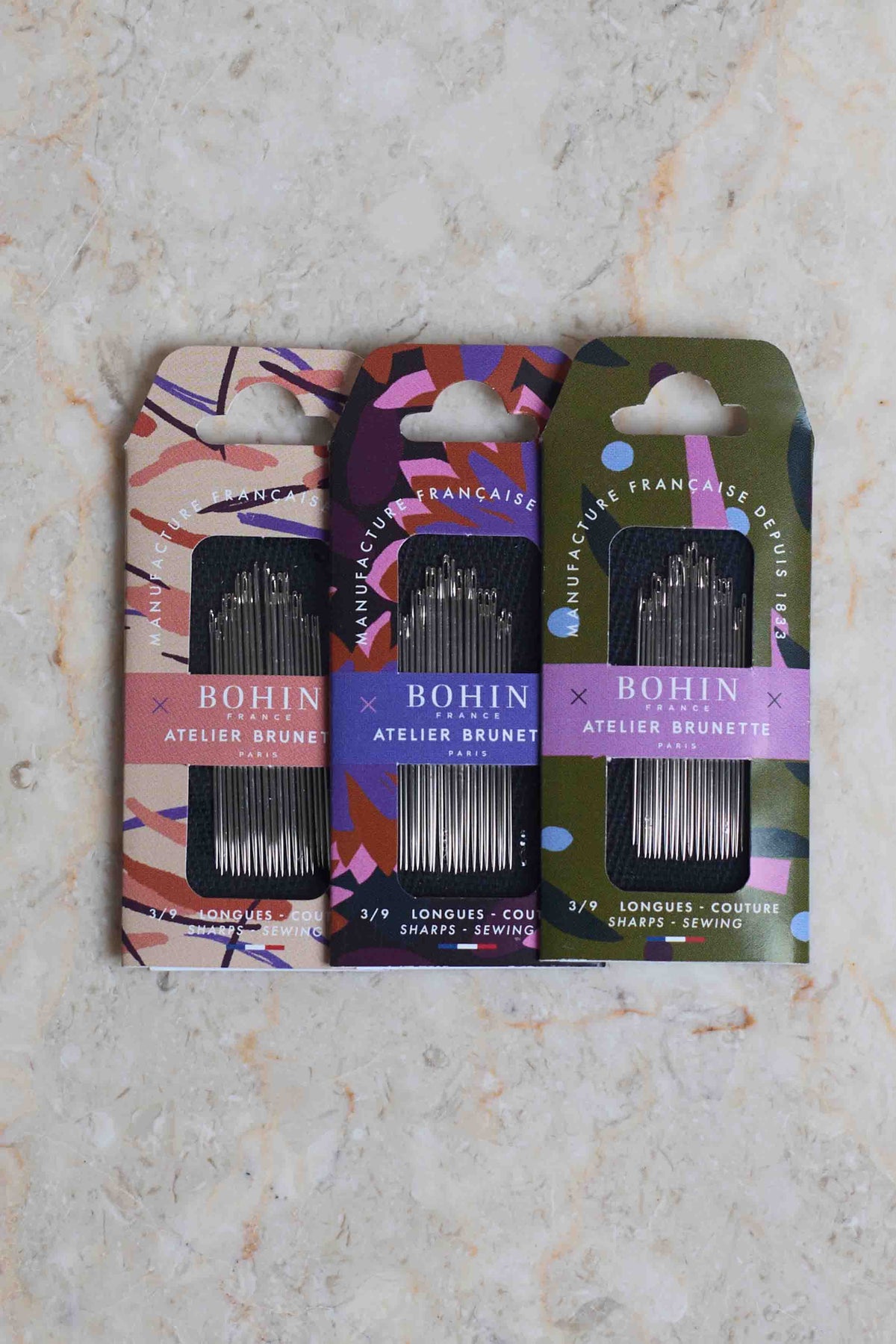 Atelier Brunette Fuji Blush needle assortment beside other Bohin needle packs