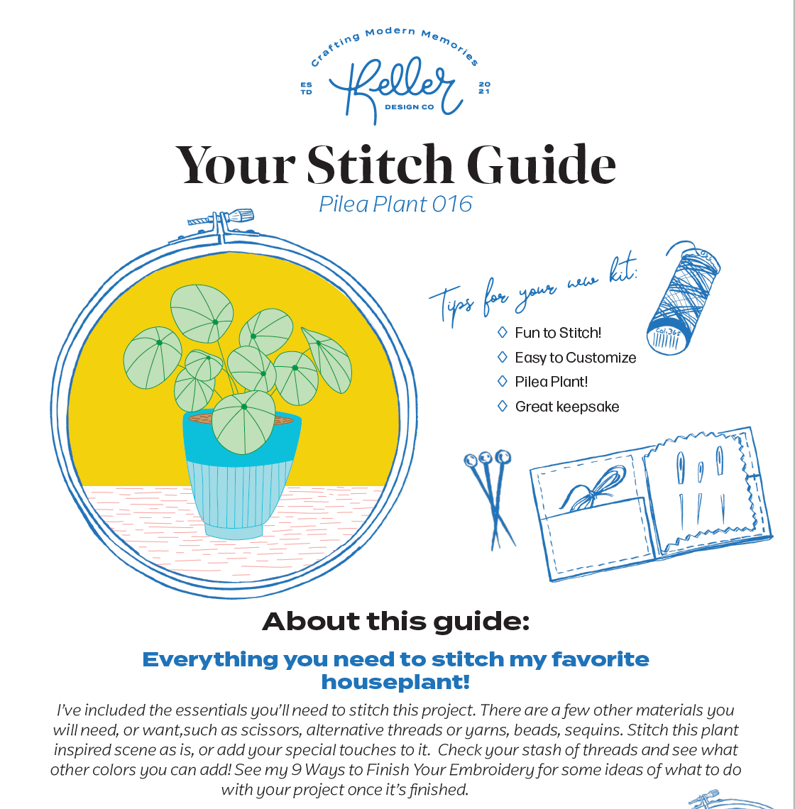 Keller Design Co. Pilea plant embroidery kit, stitch guide sheet
