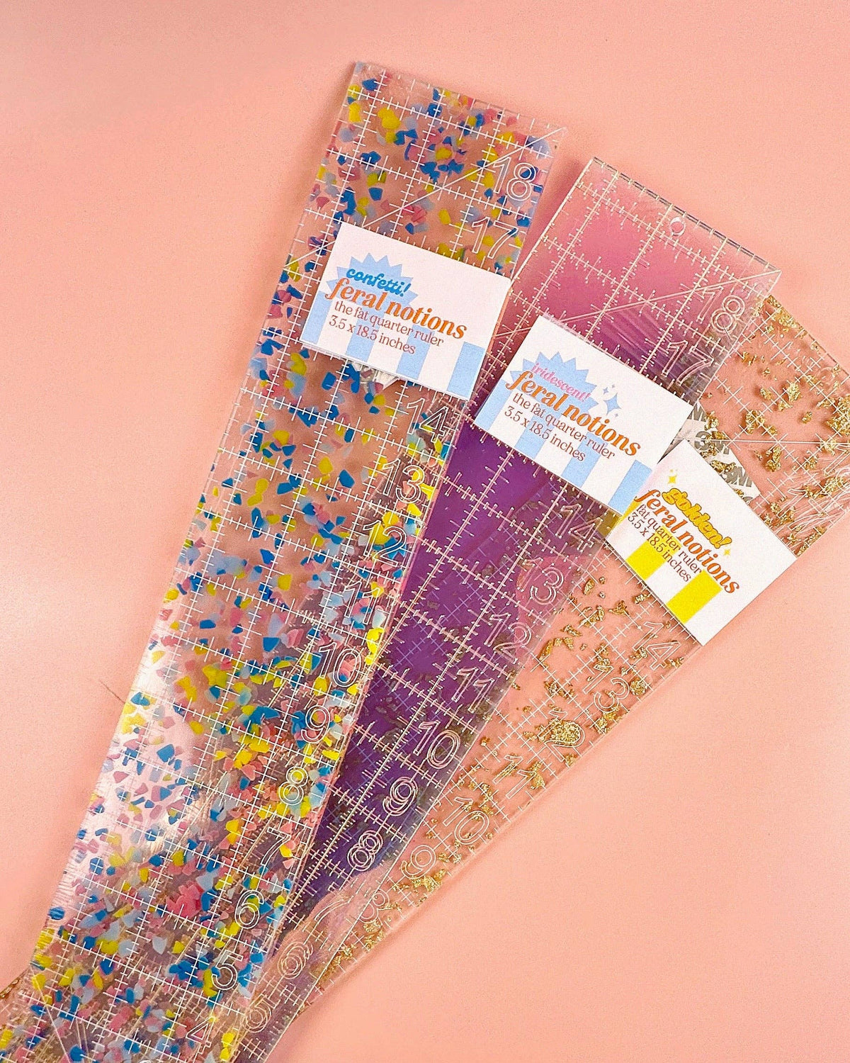 Feral Notions fat quarter quilting ruler set in confetti, gold glitter and iridescent acrylic in retail packaging