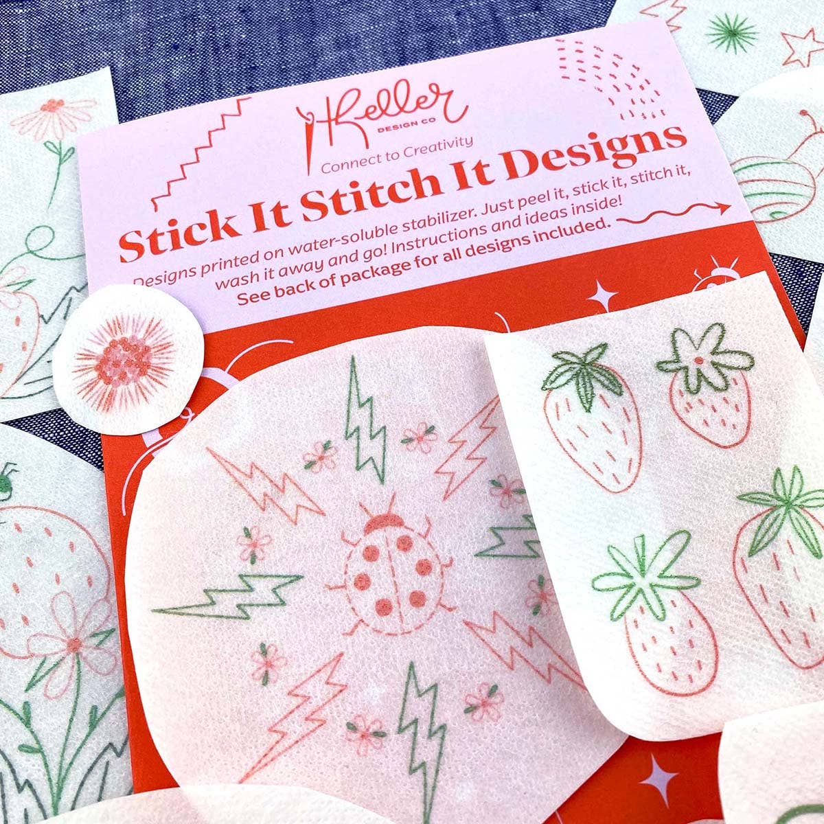 Keller Design Co. Strawberry Patch stick and stitch embroidery patterns, strawberry motifs stitched in a hoop