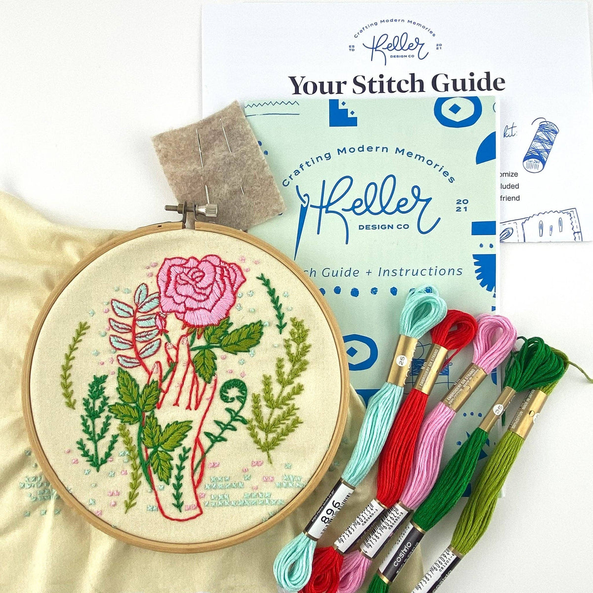 Keller Design Co. Hello From Rose City embroidery kit, kit contents with floss