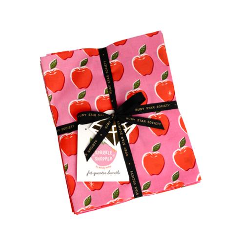 Ruby Star Society Sparkle Shopper fat quarter bundle by Melody Miller, folded quilting cotton fat quarters tied with a black ribbon