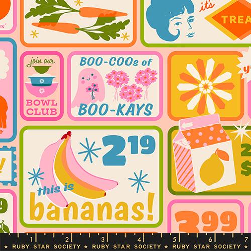 Ruby Star Society Sparkle Shopper Multi quilting cotton by Melody Miller, a retro grocery store cheater print with bananas and price tags
