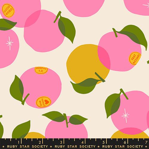 Ruby Star Society Sparkle Shopper Fruit Special in Shell quilting cotton by Melody Miller, pink and yellow citrus on cream