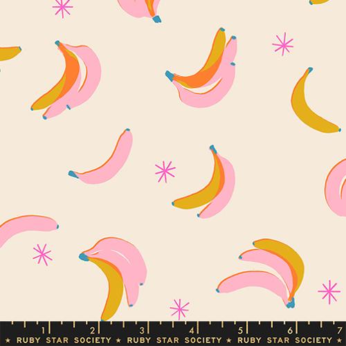Ruby Star Society Sparkle Shopper Bananas in Shell quilting cotton by Melody Miller, pink and yellow bananas on cream