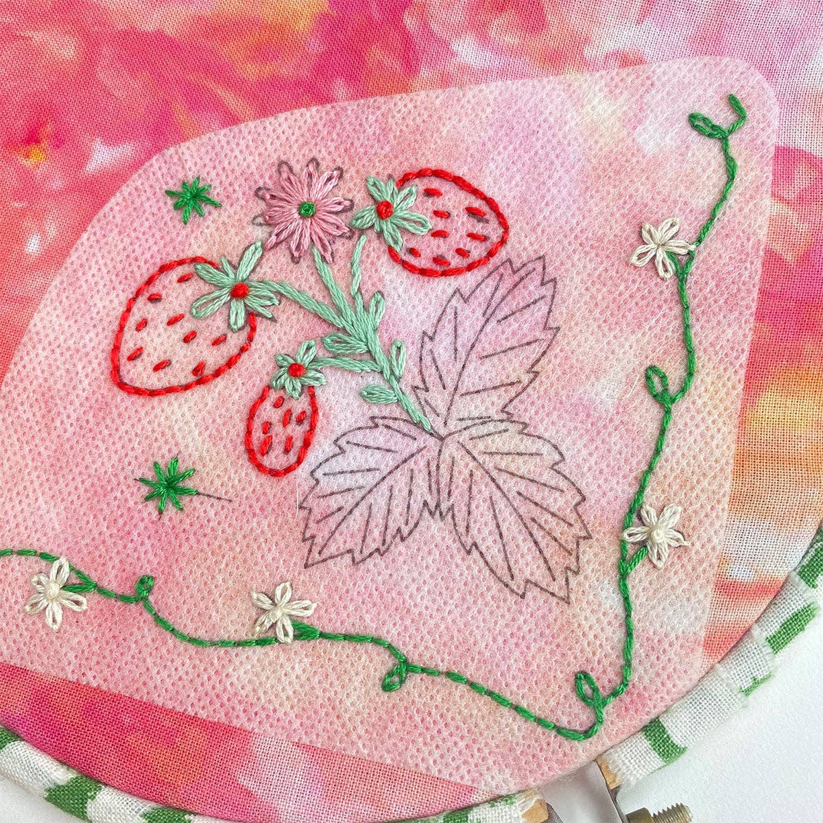 Keller Design Co. Strawberry Patch stick and stitch embroidery patterns, close-up of stitched strawberries