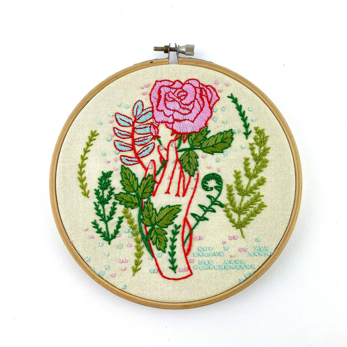 Keller Design Co. Hello From Rose City embroidery kit, finished hoop with pink roses