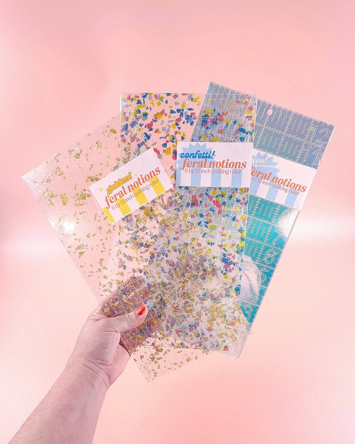 Feral Notions 6 x 12 inch quilting ruler set in iridescent, confetti and gold glitter acrylic in packaging