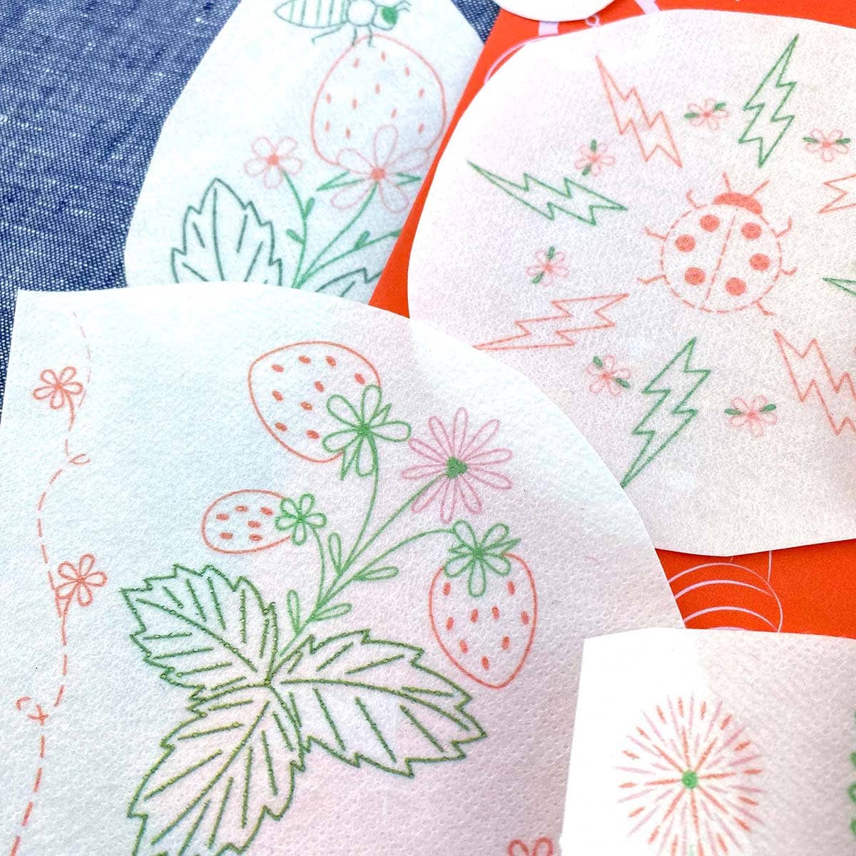 Keller Design Co. Strawberry Patch stick and stitch embroidery patterns, stitched strawberry flowers