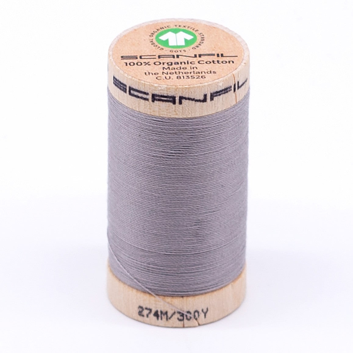 Scanfil organic cotton sewing thread, 30 wt, spool in lilac grey