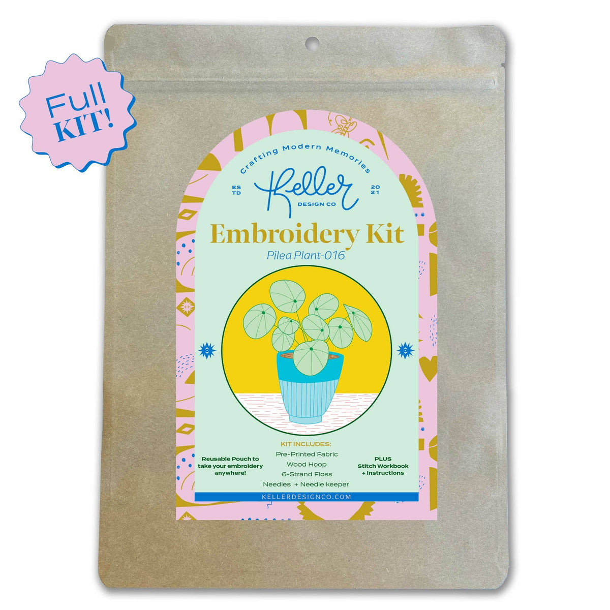 Keller Design Co. Pilea plant embroidery kit, kit package front