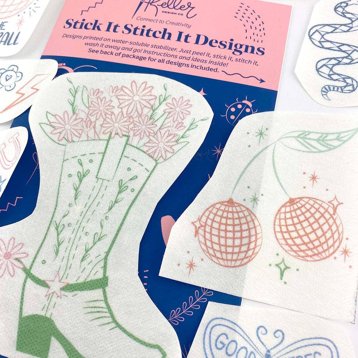 Keller Design Co. Disco Cowgirl stick and stitch embroidery patterns, stitched designs close-up