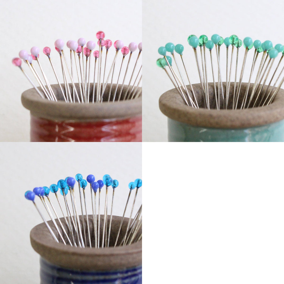 Cohana glass sewing pins in a cherry-wood box, with mixed glass heads fanned out