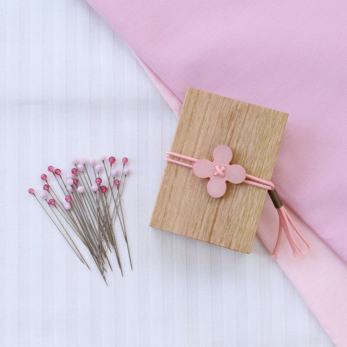 Cohana glass sewing pins in a cherry-wood box, with pink flower pins