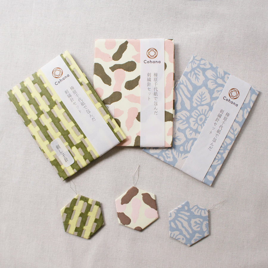 Cohana assorted needles in a Haibara chiyogami paper pack, in green pattern with notions