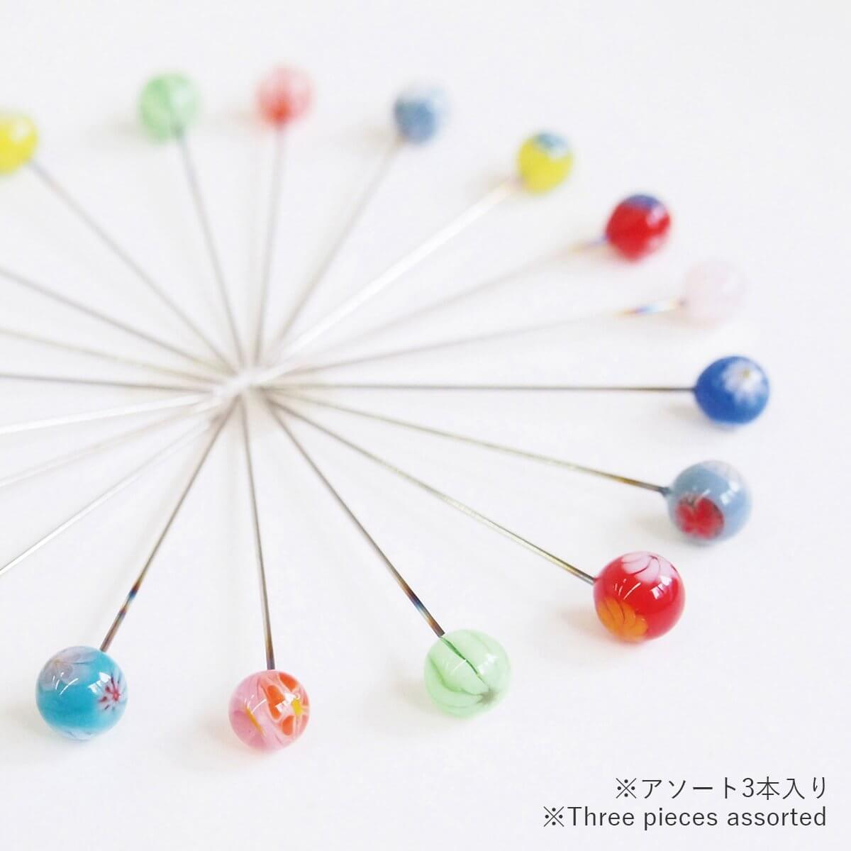 Cohana Tombo-dama glass sewing pins, fanned out showing colorful glass heads