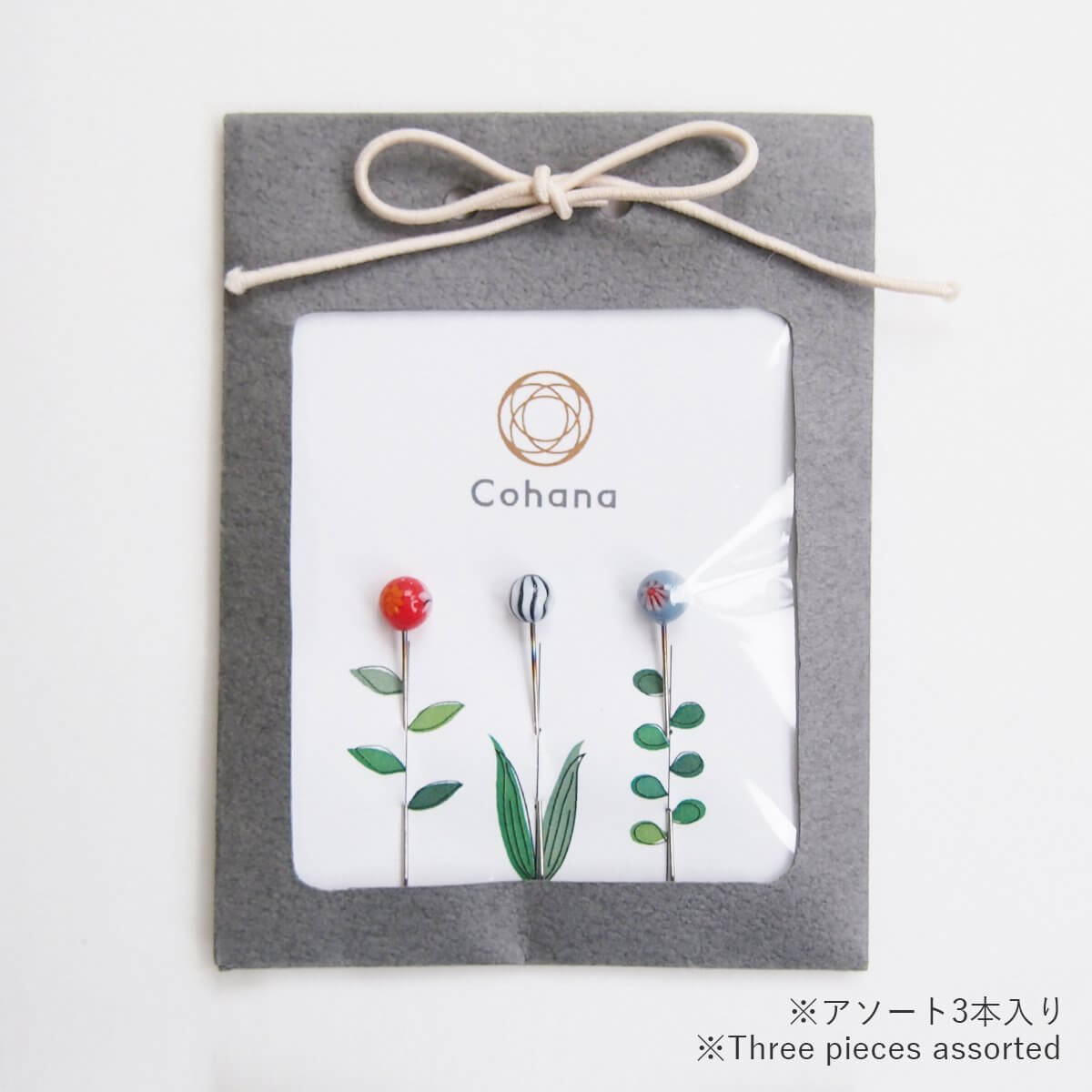 Cohana Tombo-dama glass sewing pins, in a gift card package with flower heads