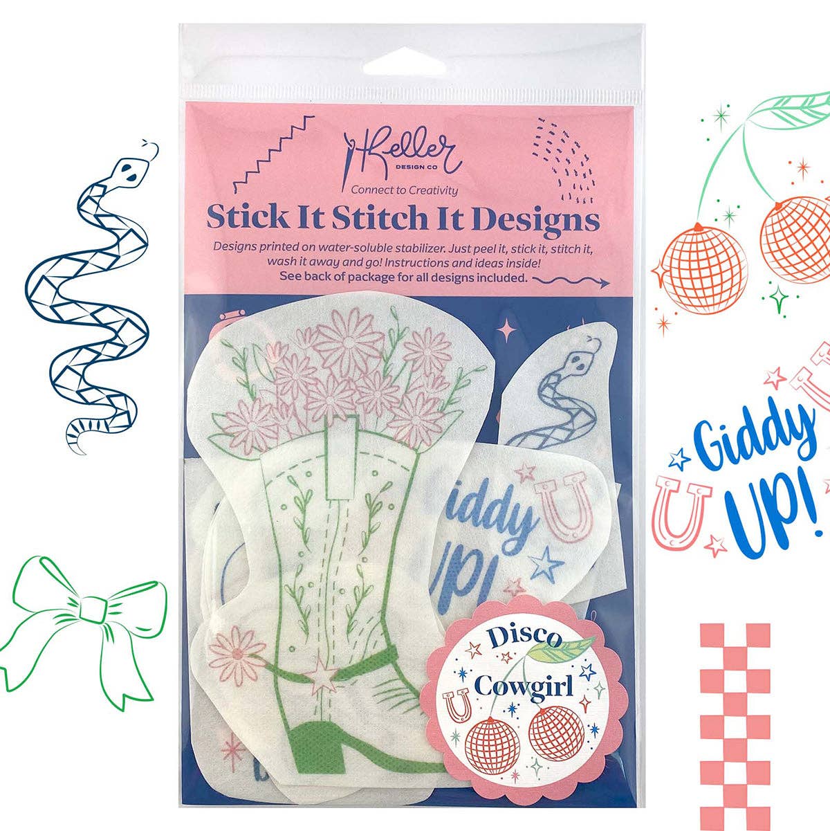 Keller Design Co. Disco Cowgirl stick and stitch embroidery patterns, package with designs