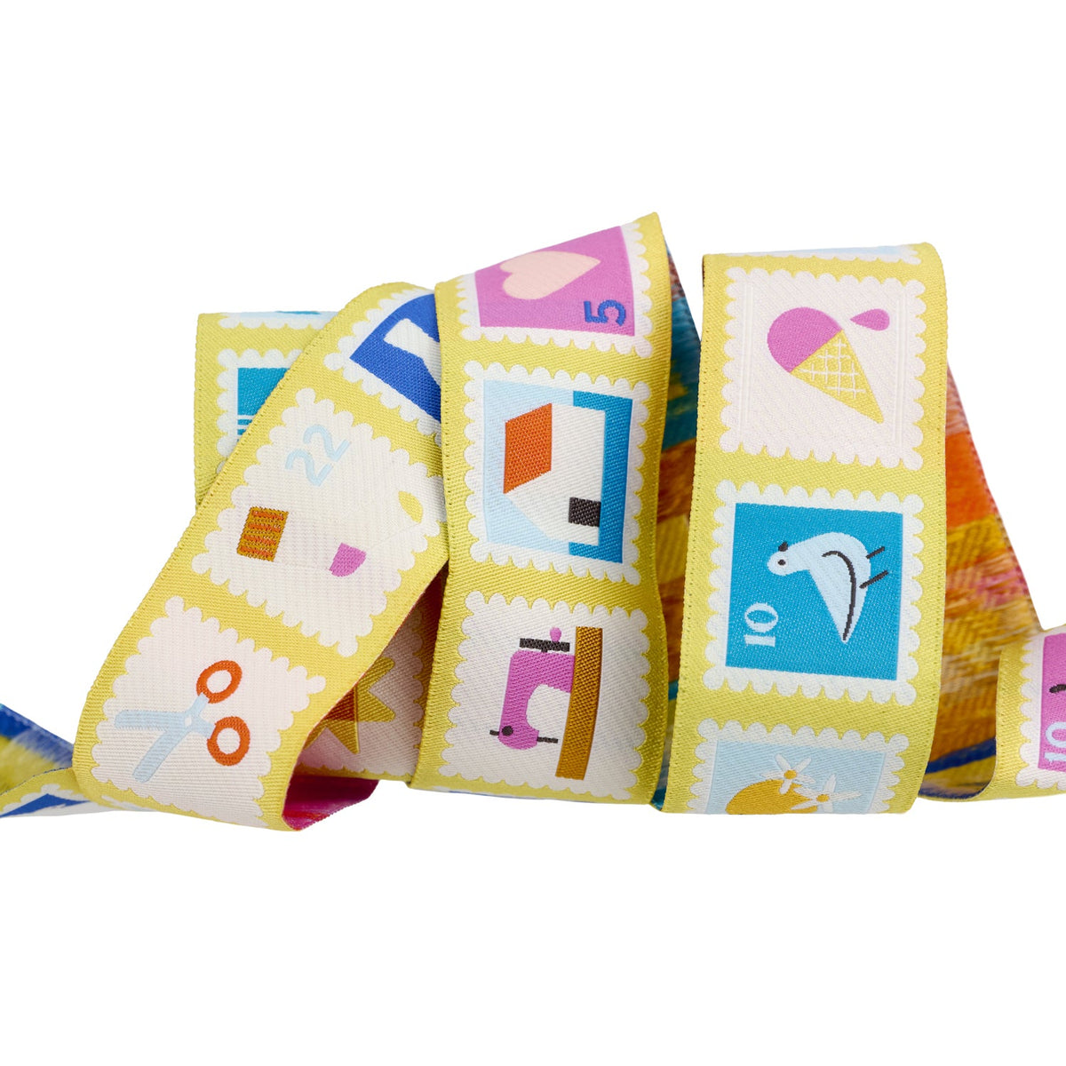 Renaissance Ribbons Salutations Postage ribbon, 1-1/2 inch, stamp print jacquard trim