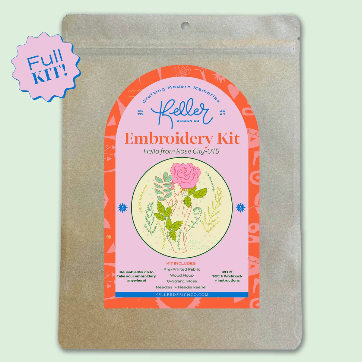 Keller Design Co. Hello From Rose City embroidery kit, kit package front