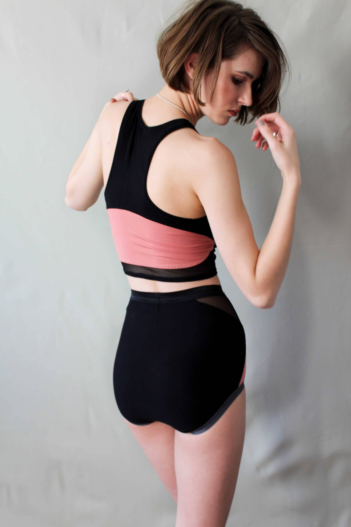 Back view of black and pink knickers sewn from the Sophie Hines Median Knickers sewing pattern