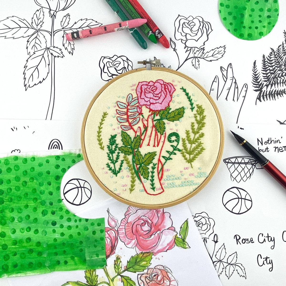 Keller Design Co. Hello From Rose City embroidery kit, finished hoop with floss and tools