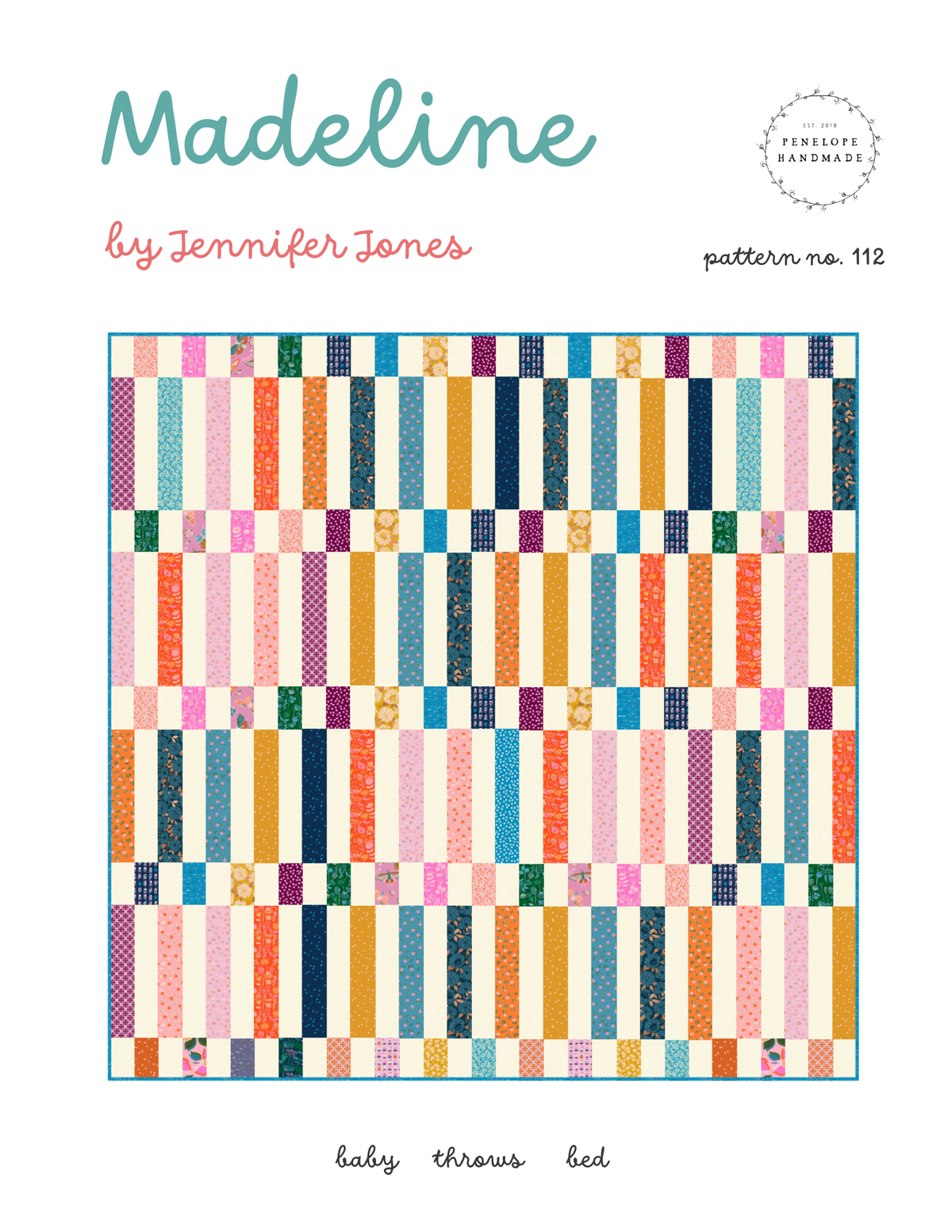 Penelope Handmade Madeline quilt pattern cover, a printed quilt pattern with colorful vertical bars