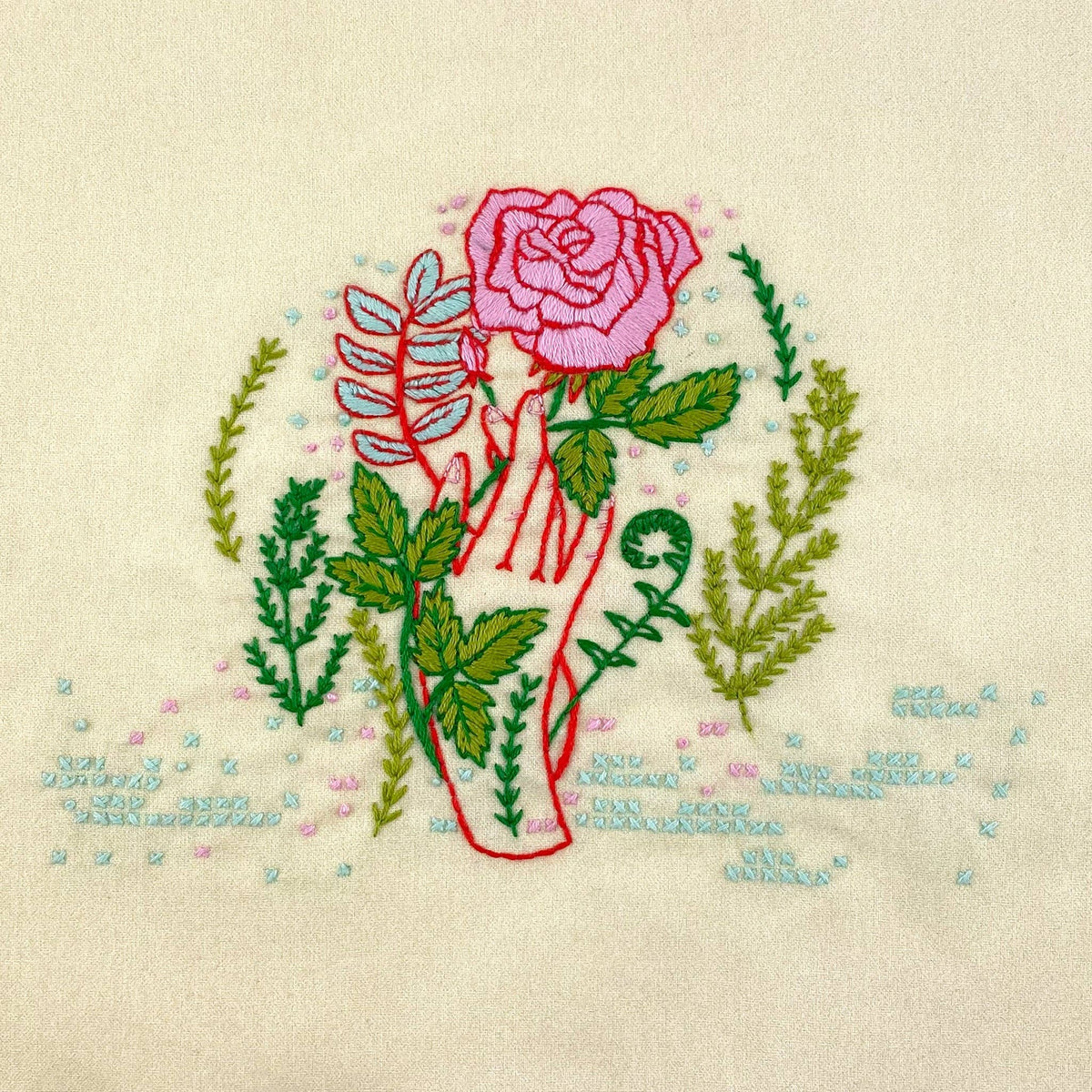 Keller Design Co. Hello From Rose City embroidery kit, stitched roses close-up