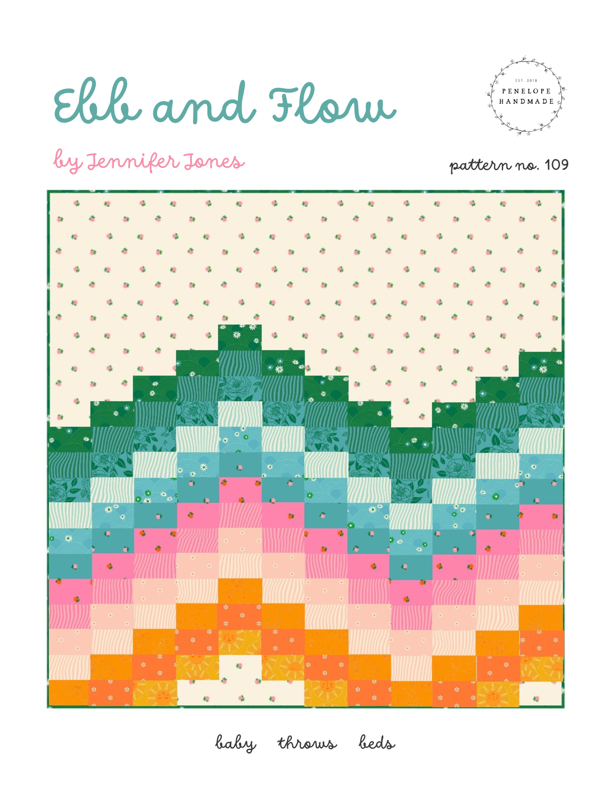 Penelope Handmade Ebb and Flow quilt pattern cover with green and pink wave quilt design