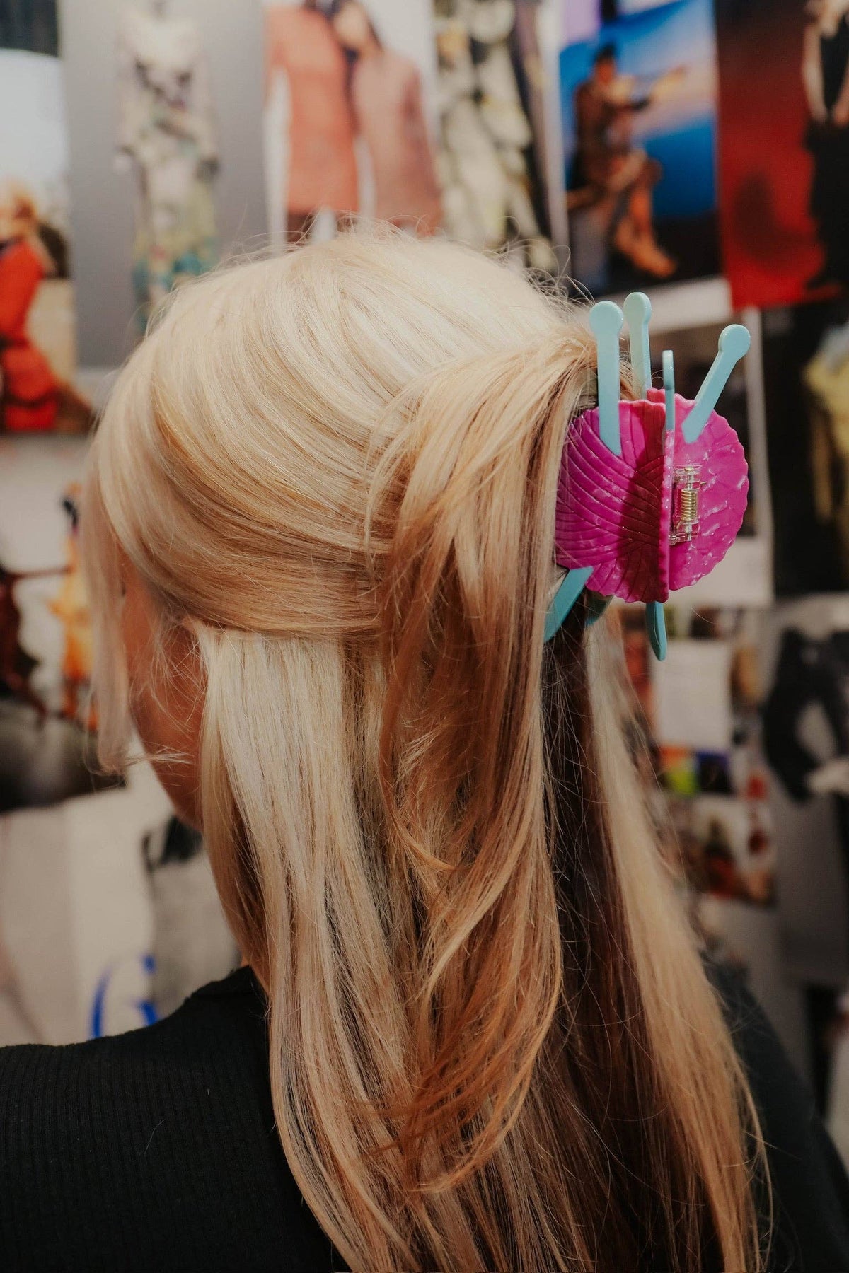 The Peach Fuzz knitting needle hair claw in a half up hairstyle