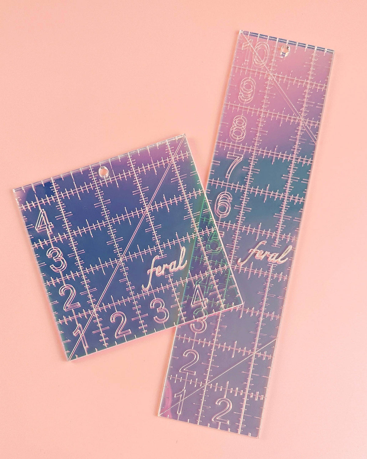 Two Feral Notions 2.5 x 10 inch quilting ruler rulers in iridescent acrylic side by side