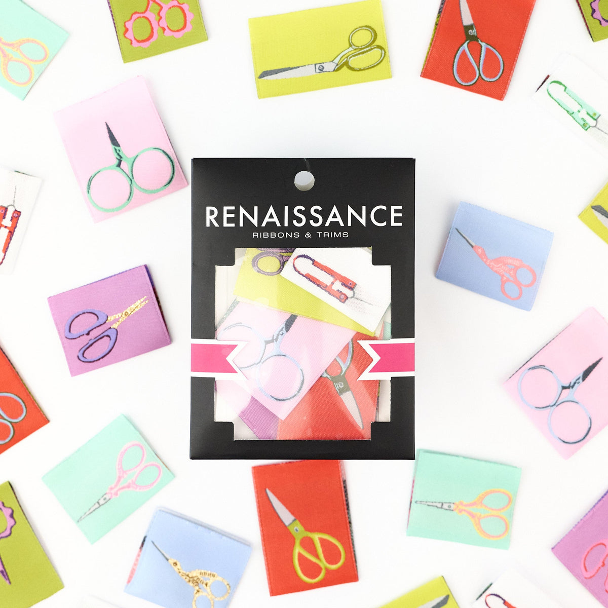 Renaissance Ribbons Snip Snip woven label pack, 8 sew-in labels for handmade clothes