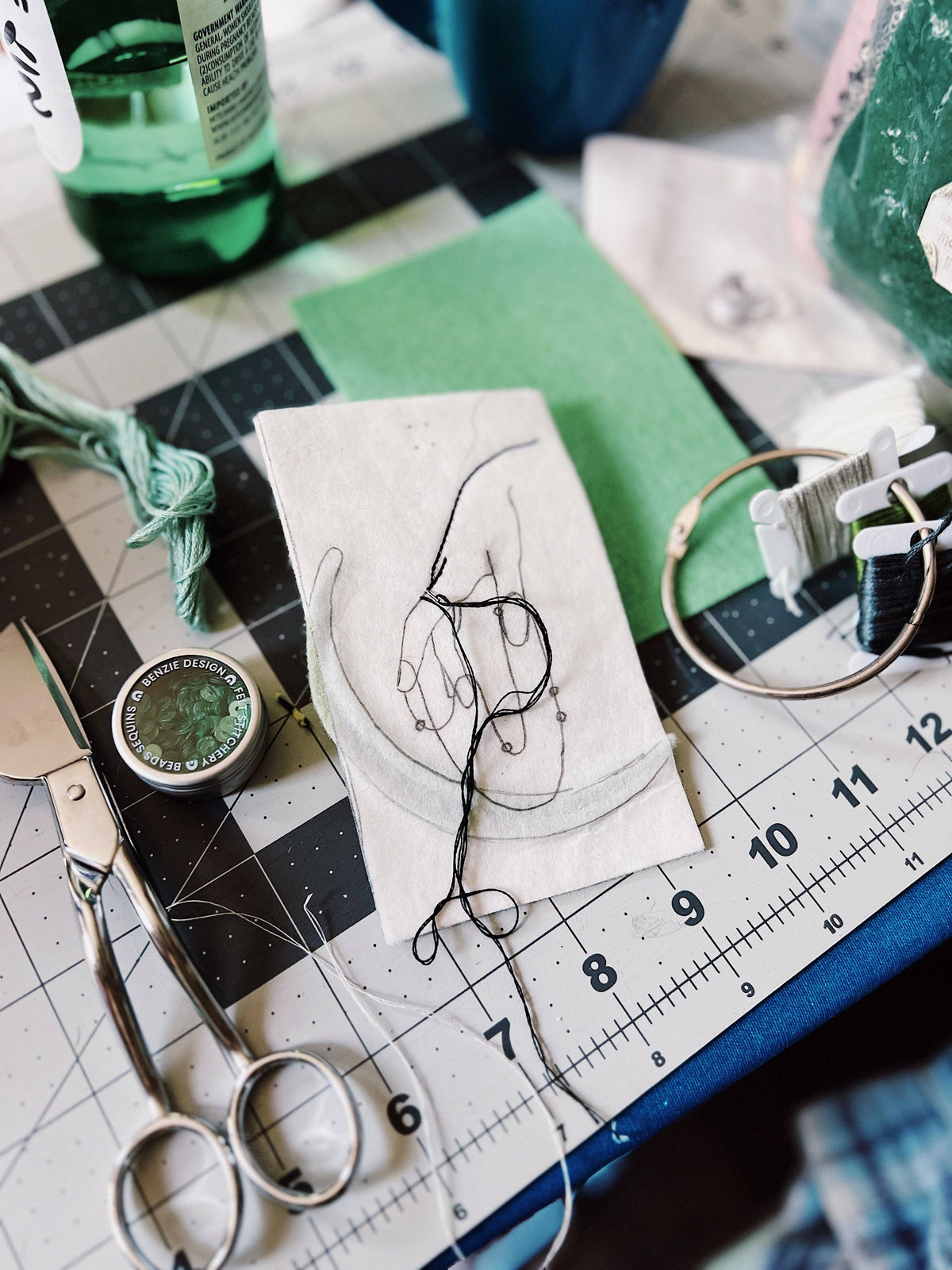 Sophie Hines The High Priestess tarot patch paper embroidery pattern stitching in progress in an embroidery hoop with floss