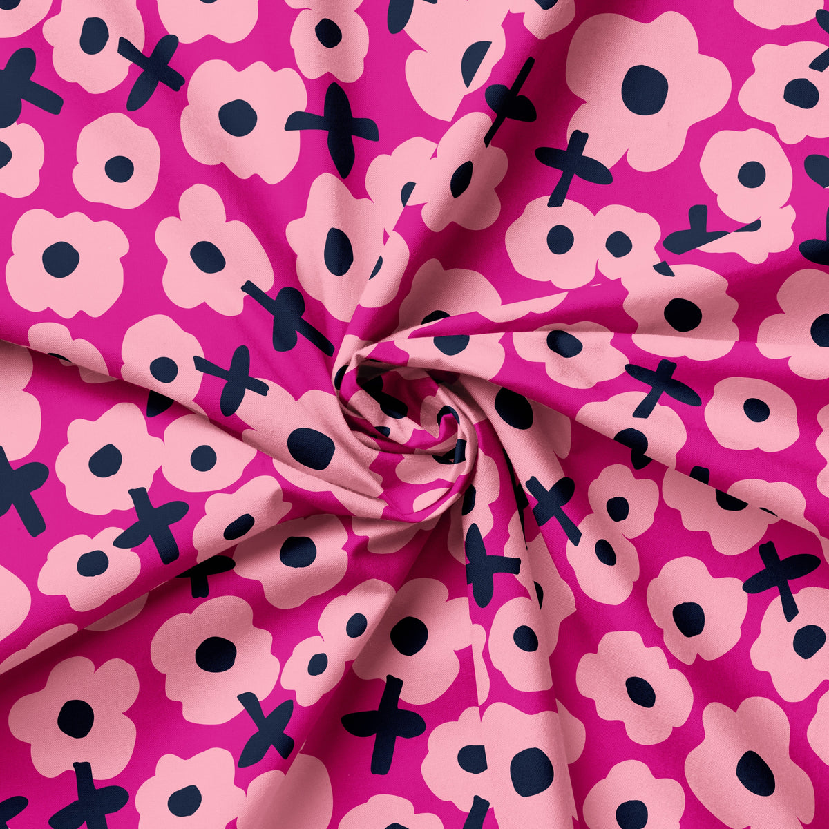 Bloomin Pops in Ruby fabric swirled to show the pink floral print with navy crosses