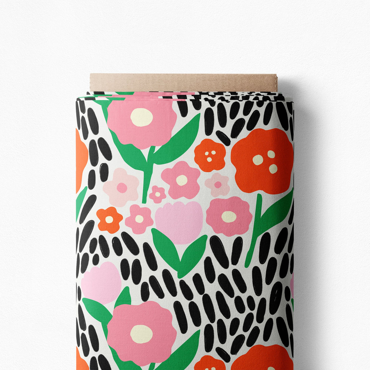 Dawn Swathe in Ink cotton poplin on a bolt, black grass strokes with red and pink flowers on white