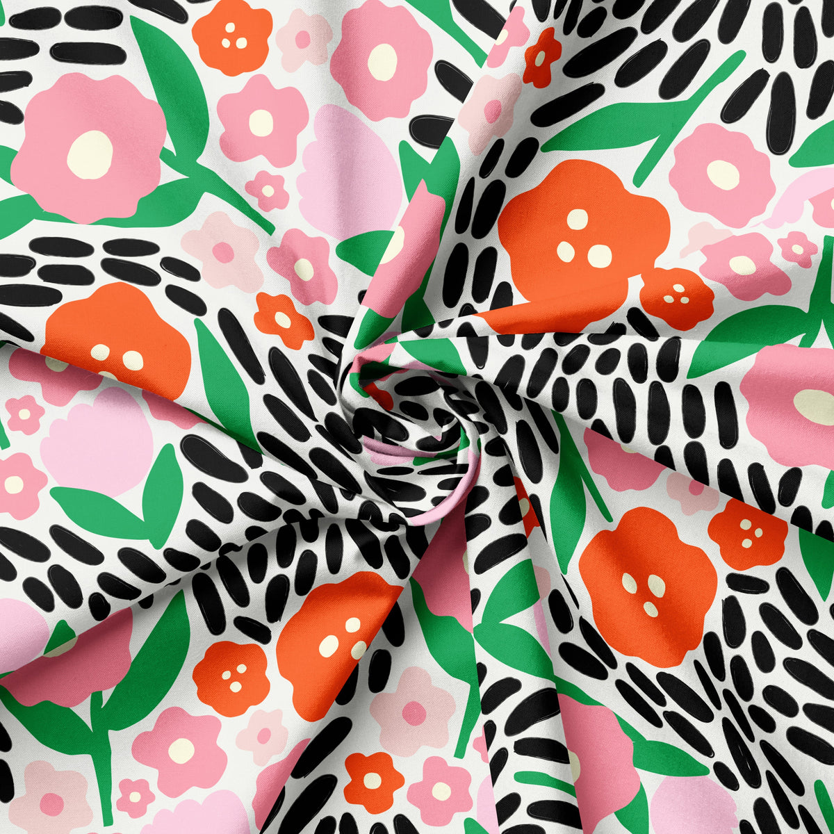 Dawn Swathe in Ink fabric swirled to show the black, red, and pink floral print