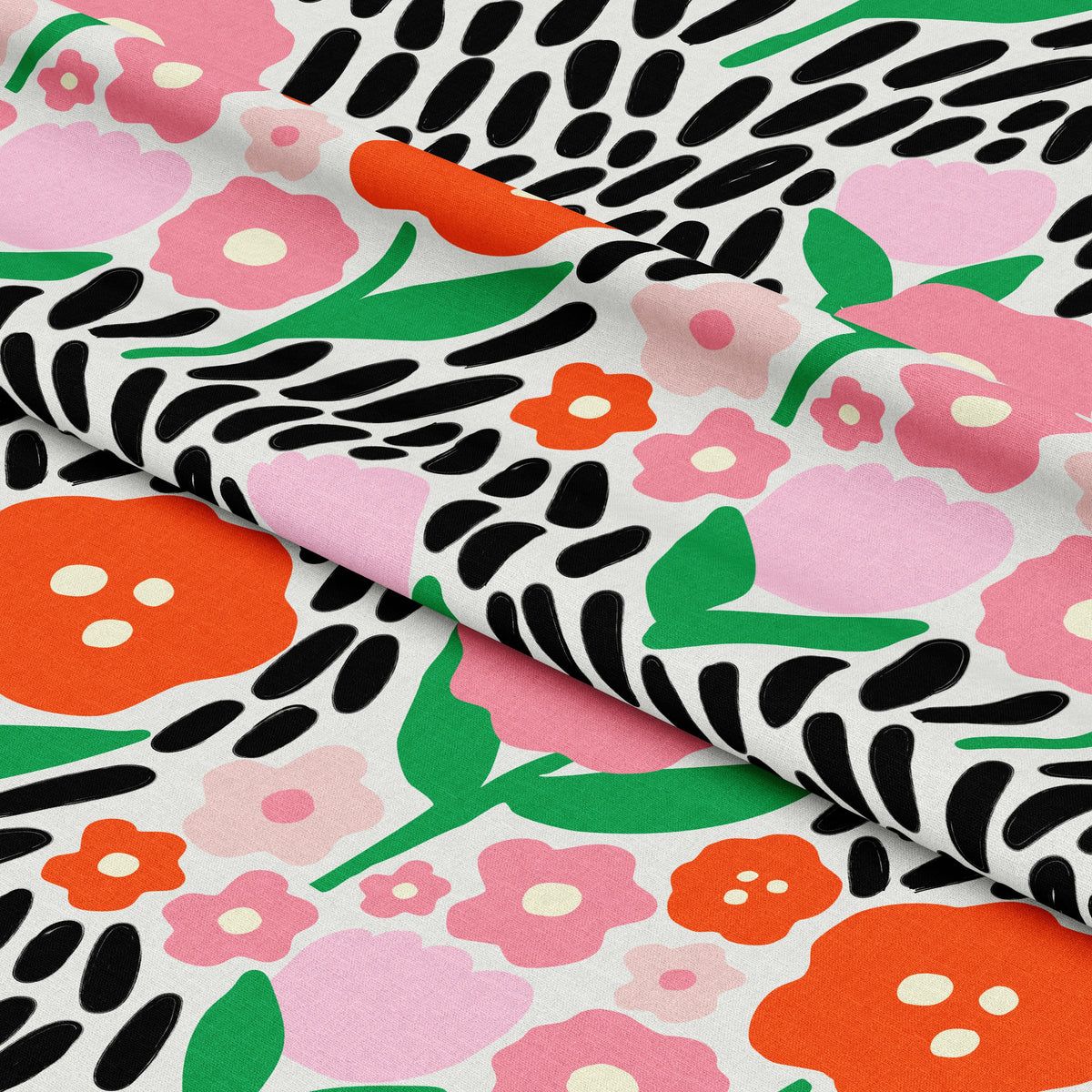 Dawn Swathe in Ink fabric folded flat, showing the ink grass and poppy print